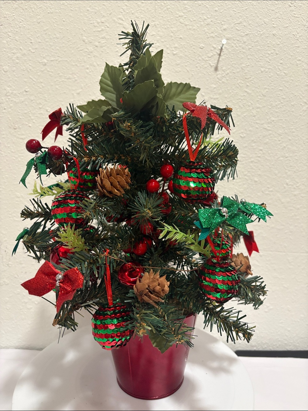 Festive Mini Christmas Tree with Red & Green Ornaments 16” T